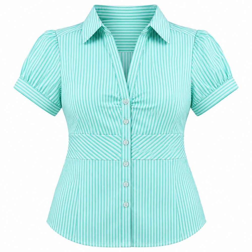 NY Striped Short Sleeve Blouse XL green career pastel office coastal summer top